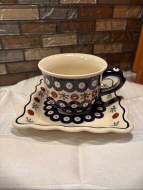 Decorative Blue and White Ceramic Espresso Cup and Saucer Set